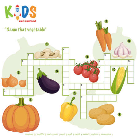 Easy crossword puzzle "Name that vegetable", for children in elementary and middle school. Fun way to practice language comprehension and expand vocabulary. Includes answers.のイラスト素材