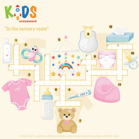 Easy crossword puzzle "In the nursery room", for children in elementary and middle school. Fun way to practice language comprehension and expand vocabulary. Includes answers.のイラスト素材