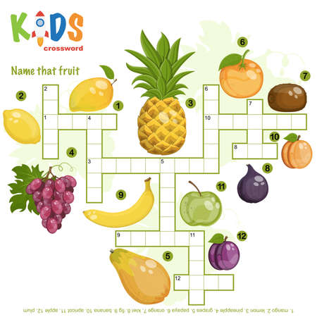 Easy crossword puzzle "Name that fruit", for children in elementary and middle school. Fun way to practice language comprehension and expand vocabulary. Includes answers.のイラスト素材