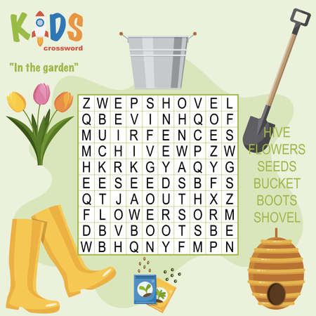 Easy word search crossword puzzle 'In the garden', for children in elementary and middle school. Fun way to practice language comprehension and expand vocabulary. Includes answers.のイラスト素材