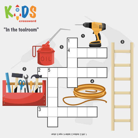 Easy crossword puzzle 'At the toolroom', for children in elementary and middle school. Fun way to practice language comprehension and expand vocabulary. Includes answers.のイラスト素材