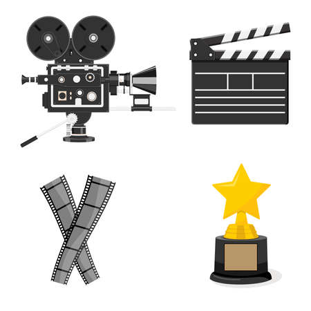 Set of cinematography elements - vintage camera, clapperboard, film tape and trophy award.のイラスト素材
