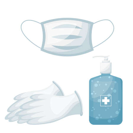 Personal hygiene set, facial mask with medical gloves and hand sanitizer. vector illustrationのイラスト素材
