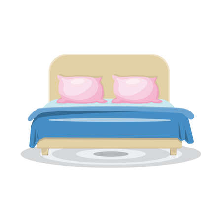 Sleeping bed with pink pillows and blue blanket, with grey rug. Vector illustrationのイラスト素材