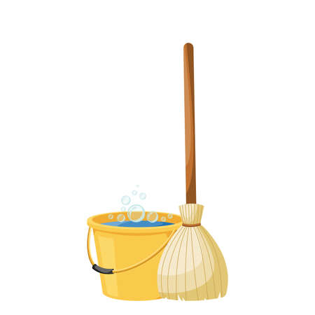 Cartoon broom with yellow plastic bucket . Vector illustrationのイラスト素材