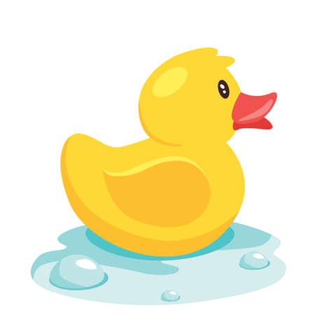 Yellow cute cartoon rubber bath duck in blue water. vector illustrationのイラスト素材