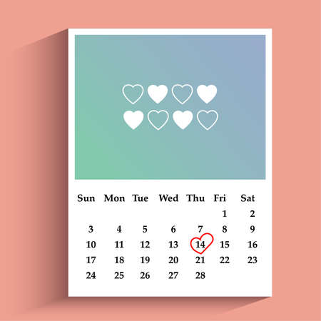 Realistic calendar for Valentines day. Happy Valentines Day poster greeting card. Vector illustration with paper cut heartsのイラスト素材
