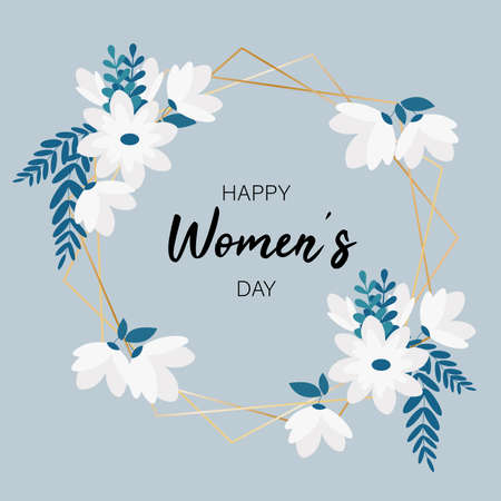 Floral golden frame. Banner with white flowers and blue leaves. vector illustration for 8 of March International women's day. greeting cardのイラスト素材