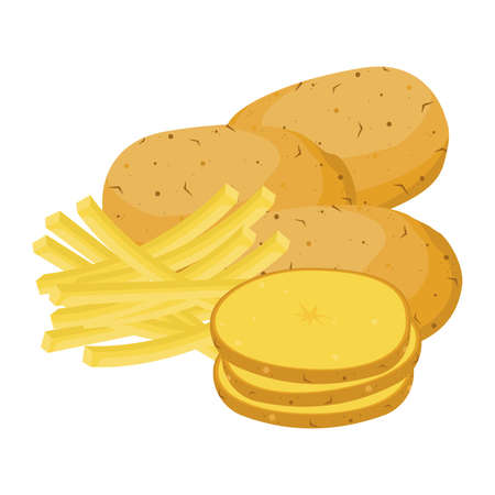 Potatoes. vector illustration. Set of whole, slices, half and French fries potatoes.のイラスト素材