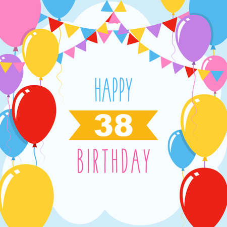 Happy 38th birthday, vector illustration greeting card with balloons and garlands decorationのイラスト素材