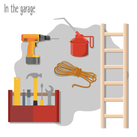 Set of garage utensils and appliances. Drill, ladder, rope, oilcan and toolbox on the gray background. Flat vector illustration.のイラスト素材