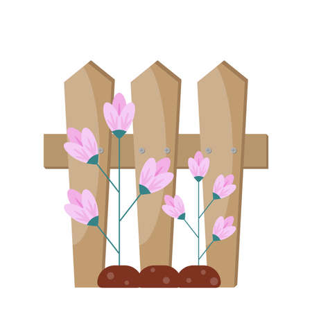 Cartoon garden fance with blossom pink flowers, vector illustrationのイラスト素材