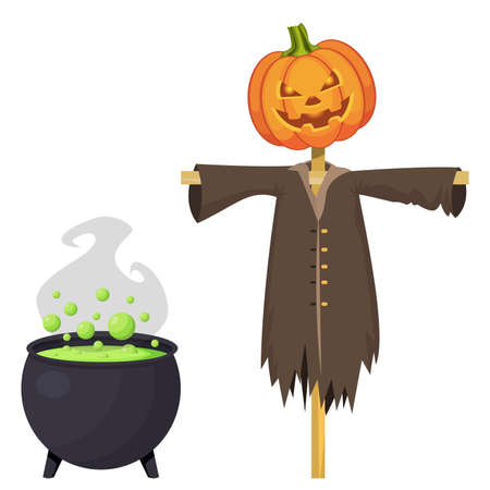 Halloween cauldron with green potion and scarecrow with the pumpkin lantern head . Vector illustrationのイラスト素材
