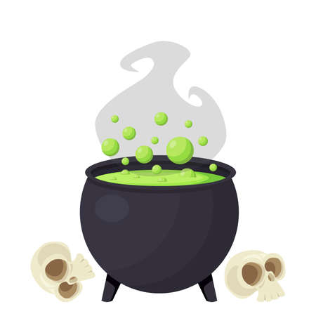 Halloween green potion cauldron with skulls . Vector illustrationのイラスト素材