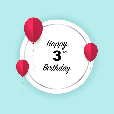 Happy 3rd birthday, vector illustration greeting silver  round banner card with red papercut balloonsのイラスト素材