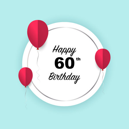 Happy 60th birthday, vector illustration greeting silver  round banner card with red papercut balloonsのイラスト素材