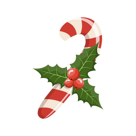 Christmas candy with holly, cartoon vector illustrationのイラスト素材