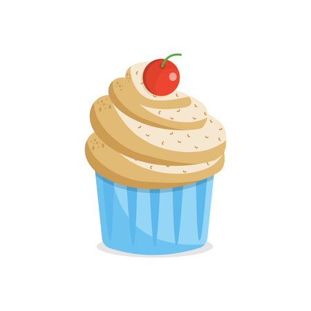 Cute cartoon cupcake with cherry on top. Vector illustration