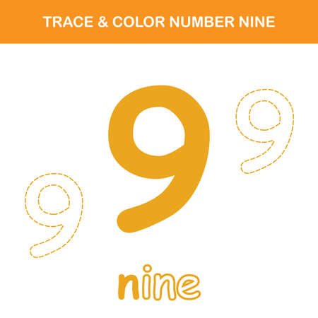 Trace & color number 9 worksheet. Easy worksheet, for children in preschool, elementary and middle school.のイラスト素材