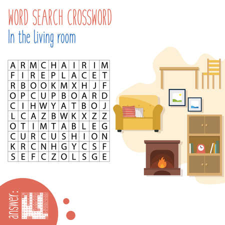Easy word search crossword puzzle 'In the living room', for children in elementary and middle school. Fun way to practice language comprehension and expand vocabulary.Includes answers. Vector illustration.のイラスト素材
