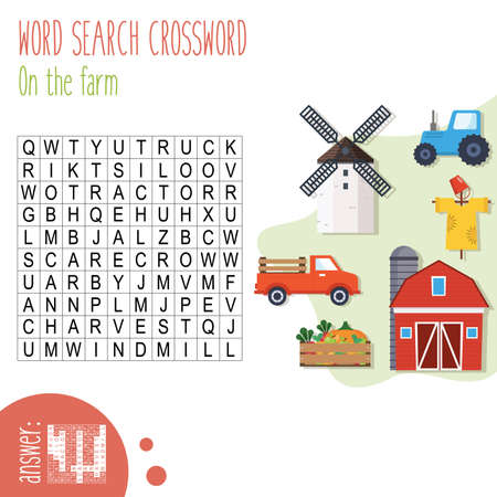 Easy word search crossword puzzle 'On the farm', for children in elementary and middle school. Fun way to practice language comprehension and expand vocabulary.Includes answers. Vector illustration.のイラスト素材