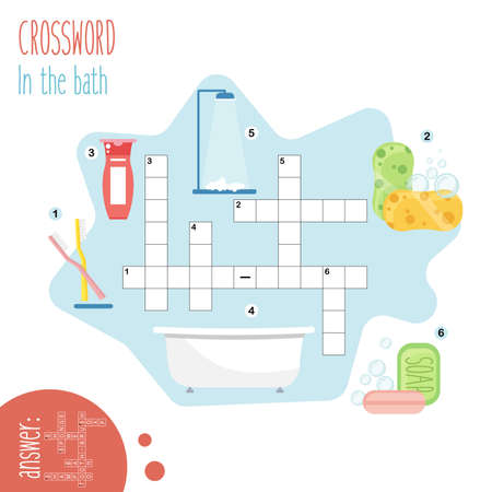 Easy crossword puzzle 'In the bathroom', for children in elementary and middle school. Fun way to practice language comprehension and expand vocabulary.Includes answers. Vector illustration.