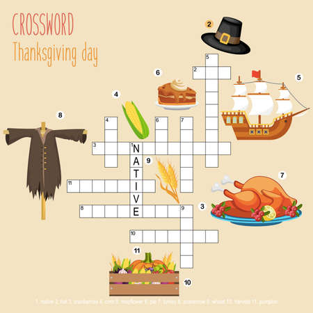 Easy crossword puzzle 'Thanksgiving day', for children in elementary and middle school. Fun way to practice language comprehension and expand vocabulary. Includes answers. Vector illustration.のイラスト素材