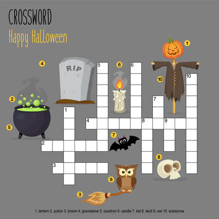 Easy crossword puzzle 'Happy Halloween, for children in elementary and middle school. Fun way to practice language comprehension and expand vocabulary. Includes answers. Vector illustration.のイラスト素材
