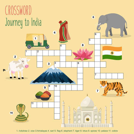Easy crossword puzzle 'Journey to India', for children in elementary and middle school. Fun way to practice language comprehension and expand vocabulary. Includes answers. Vector illustration.のイラスト素材