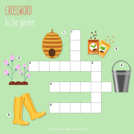 Easy crossword puzzle 'In the garden', for children in elementary and middle school. Fun way to practice language comprehension and expand vocabulary. Includes answers. Vector illustration.のイラスト素材