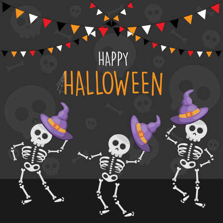 Happy Halloween dancing skeletons cartoon background, vector illustrationのイラスト素材