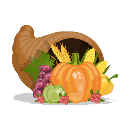 Cornucopia. Horn of plenty. Harvest. Cartoon vector illustration for Thanksgiving day.のイラスト素材