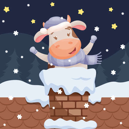Cute cartoon cow character standing out of the chimney. Chinese New year of the zodiac ox cow. Vector illustration.のイラスト素材