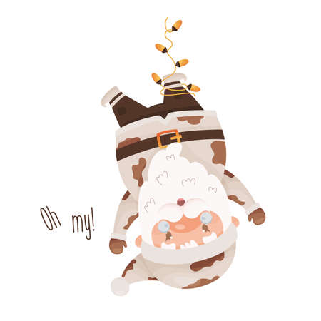 Cute cartoon Santa Claus character upside down tangled in a garland, wearing the costume with cow pattern. For Chinese New year of the zodiac ox cow year. Vector illustration.のイラスト素材