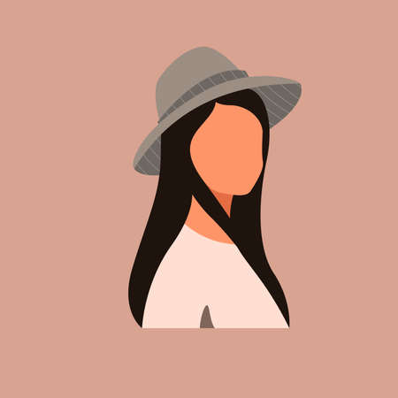 Woman in gray hat on pink background. Woman silhouette portrait. Vector illustration.のイラスト素材