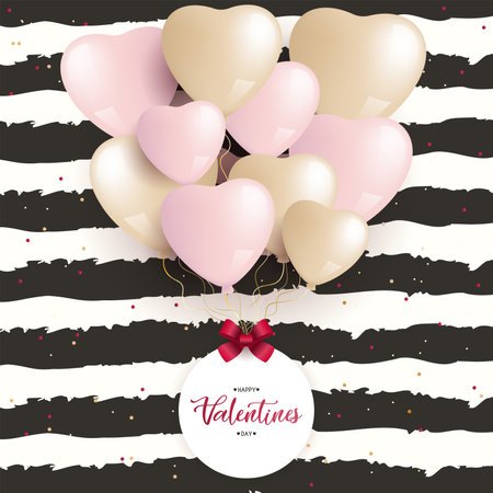 Valentines Day greeting card with a bouquet of balloons. Black striped background, Happy Valentines day text on the card. vector illustrationのイラスト素材