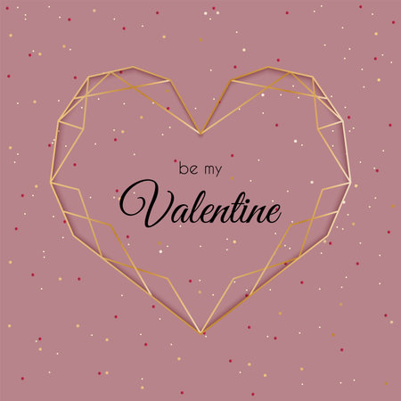 Valentines Day greeting card with geometric golden heart frame. Be my Valentine pink nude background, vector illustrationのイラスト素材