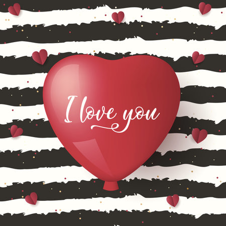 Valentines Day greeting card with a red balloon I love you. Happy Valentines day poster with black stripes background, vector illustrationのイラスト素材