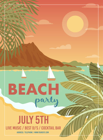 Beach party vintage poster invitation card template. Vector illustration.のイラスト素材