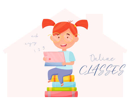 Happy girl with tablet during online classes. Remote learning concept. vector illustration.のイラスト素材