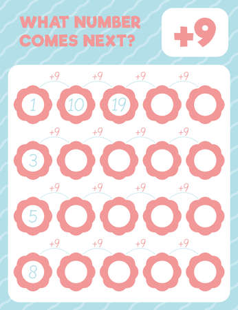 Math worksheet practice print page. What number comes next? Addition. Count and write.のイラスト素材