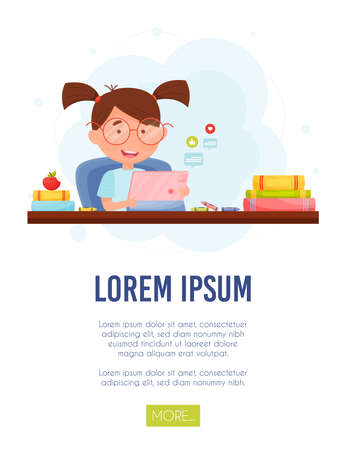 Little girl with tablet chatting with friends, at her home workplace. vector Illustration.のイラスト素材