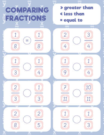Comparing fractions worksheet, math practice print page. Count and write.のイラスト素材