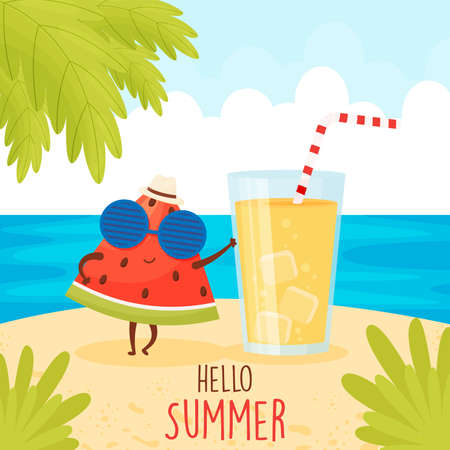 Cute cartoon watermelon character with lemonade, on the beach. Hello summer background.のイラスト素材
