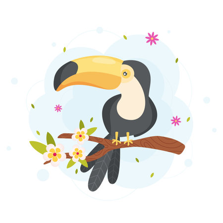 Cartoon toucan on the blossom tree. vector illustrationのイラスト素材