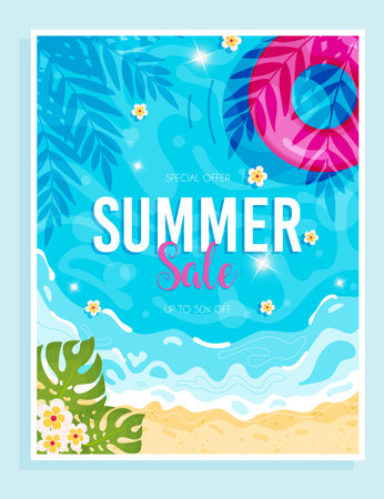 Summer sale flyer. Hello summer beach background. Vector illustrationのイラスト素材
