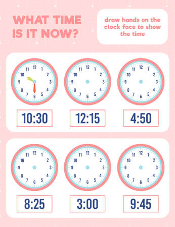 What time is it? Draw hands on the clock face. Time worksheet practice print page.のイラスト素材