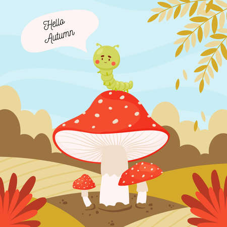 Hello Autumn poster , cute caterpillar cartoon character  sitting on the amanita mushroom. vector illustrationのイラスト素材