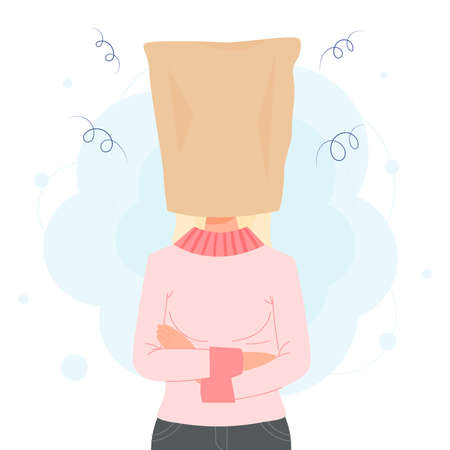 Woman in paper bag over her head needs time to think or tame anger. concept illustrationのイラスト素材