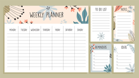Tropical weekly planner template and set of paper notes, with hand drawn illustrationsのイラスト素材